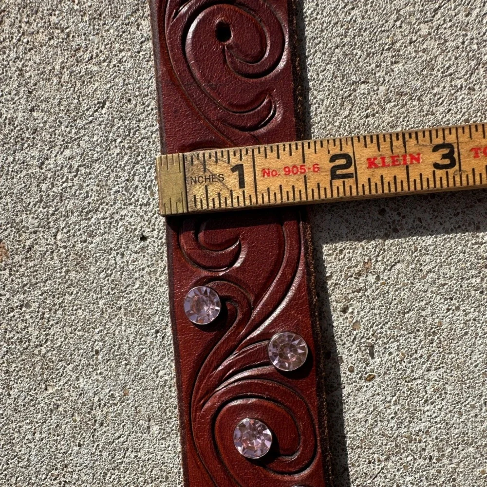 J.W. Jao Saddlery Brown Tooled Leather Belt Pink Rhinestone Floral Buckle